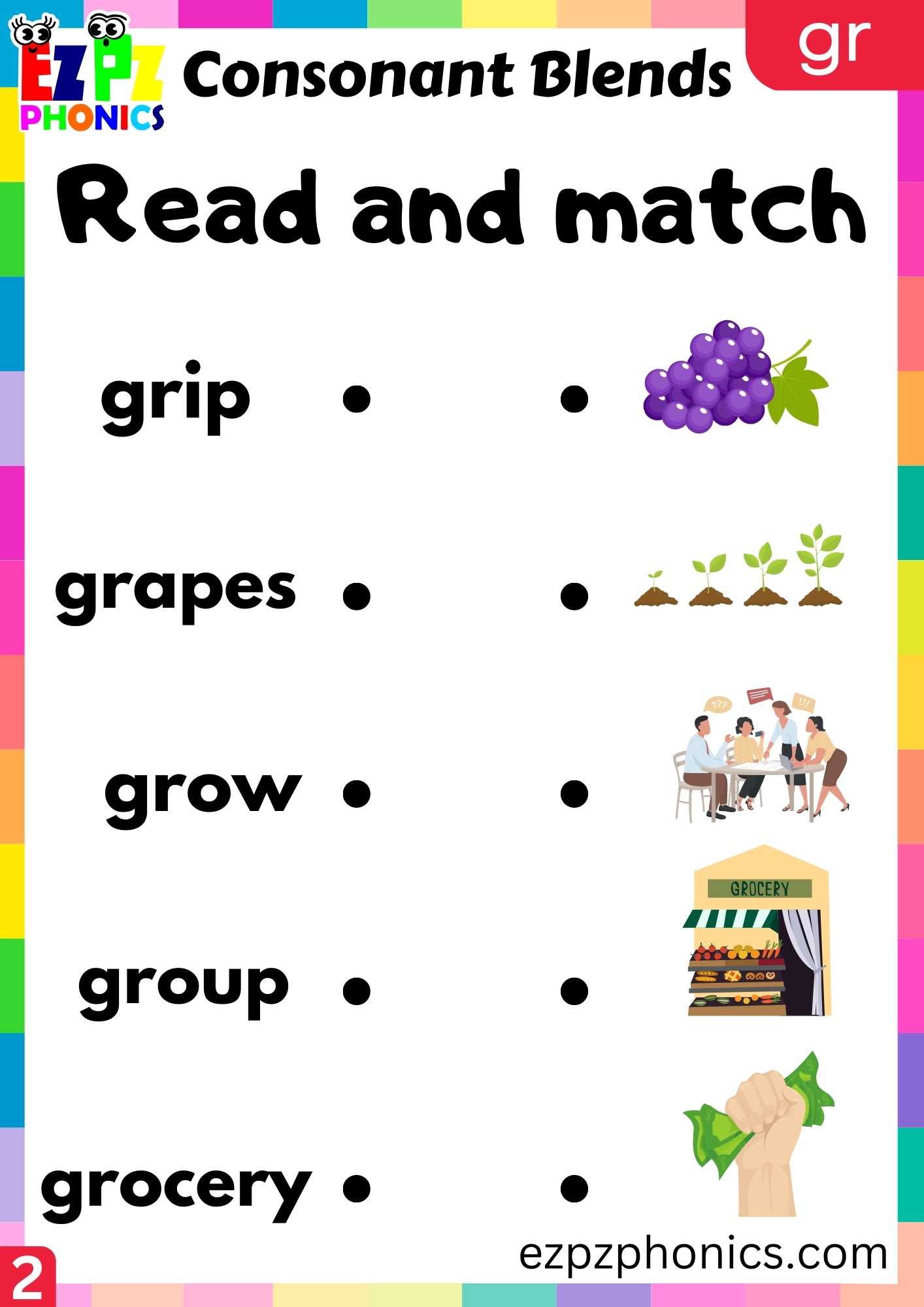 Group2 GR Words Read And Match Phonics Consonant Blends Worksheet